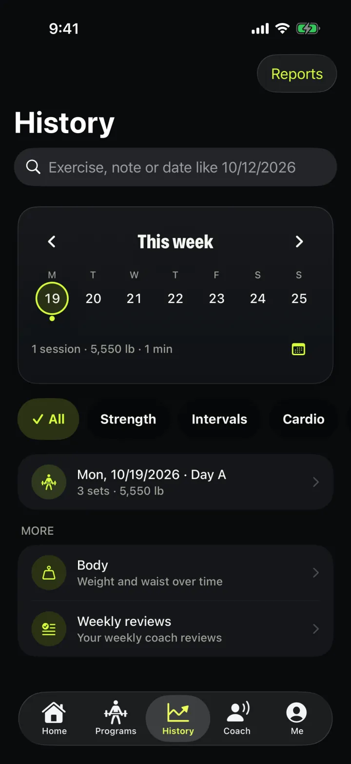 SweatCall history: the week strip and past sessions.