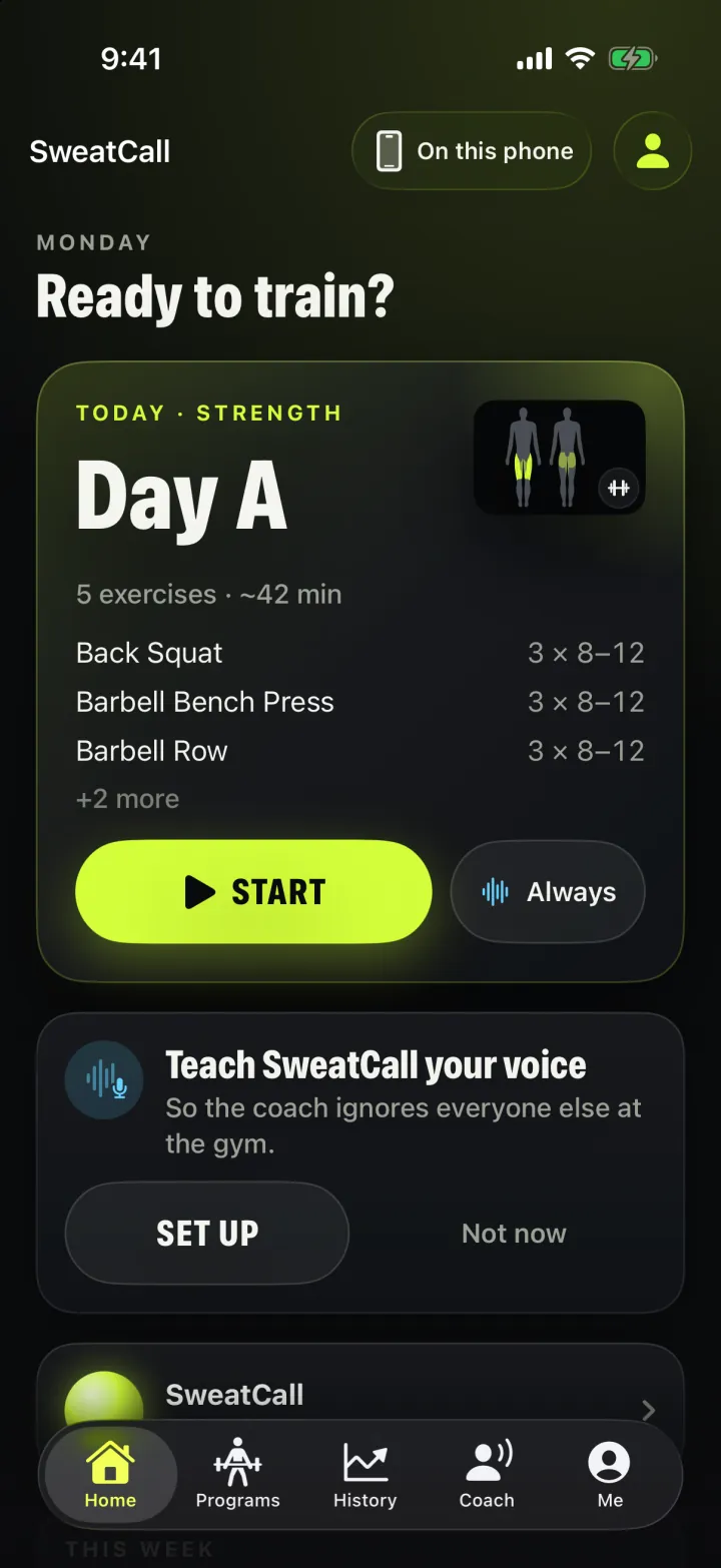 SweatCall home screen: today's workout with a Start button.
